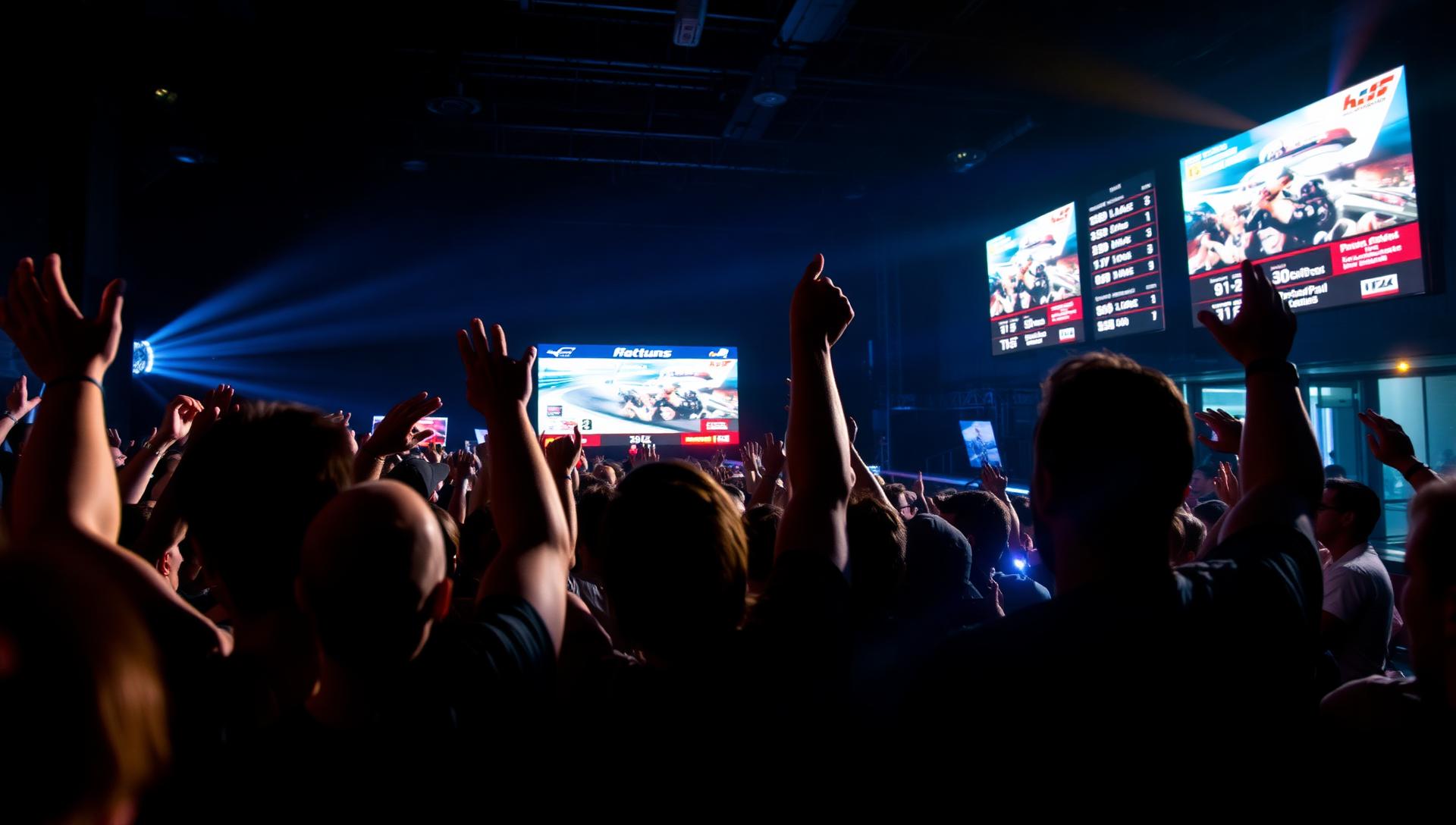 Cheering crowd at a Gridline corporate racing simulator event in a dark venue