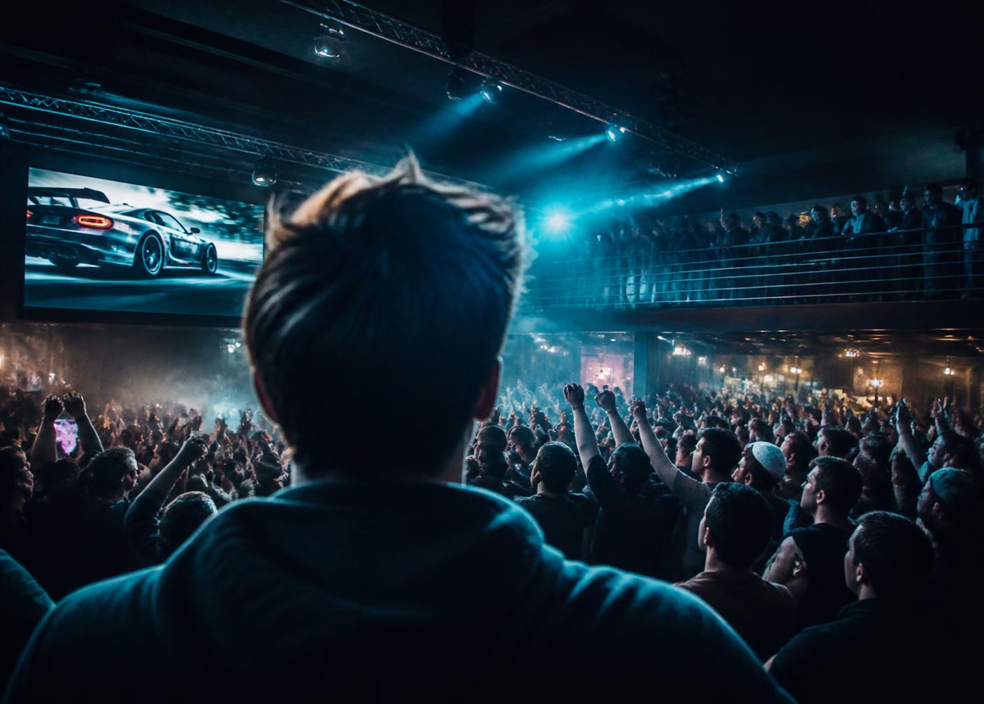 Over-the-shoulder view of a cheering crowd at a Gridline motorsport fan event in a dark venue